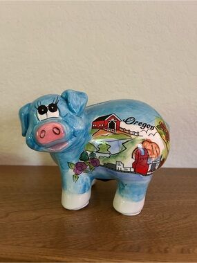 Oregon Blue Decorative Pigbank Figurine - Hand-Painted Home Art